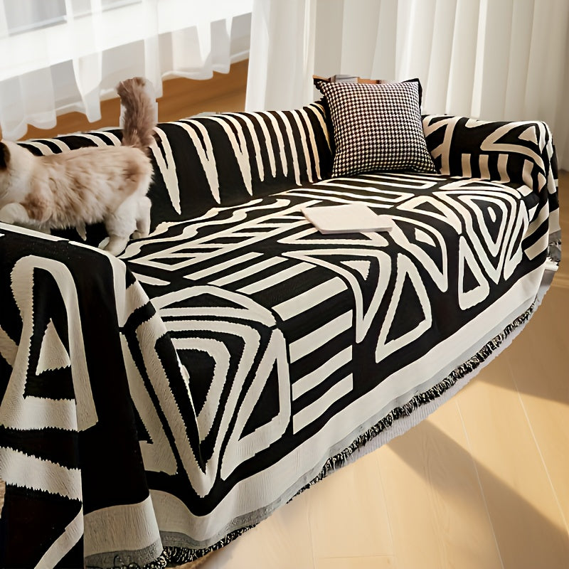 Bohemian Sofa Cover Pet Scratch Resistant Non-Slip Furniture Protector Throw Blanket for Living Room Bedroom – All Season Couch Cover in Black & Gray, 4 Sizes
