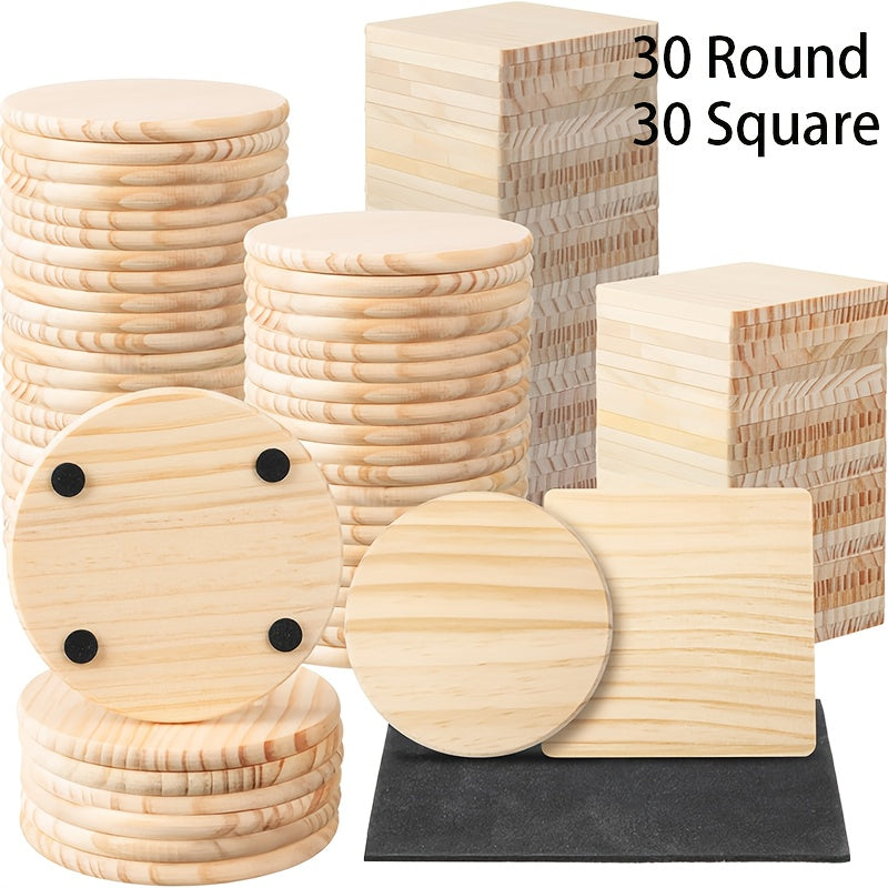 Unfinished Wood Coasters for Crafts DIY Engraving Painting – 4 Inch Square & Round Wooden Drink Coasters with Non-Slip Pad for Home Kitchen Coffee Table | 30 or 60 Pack