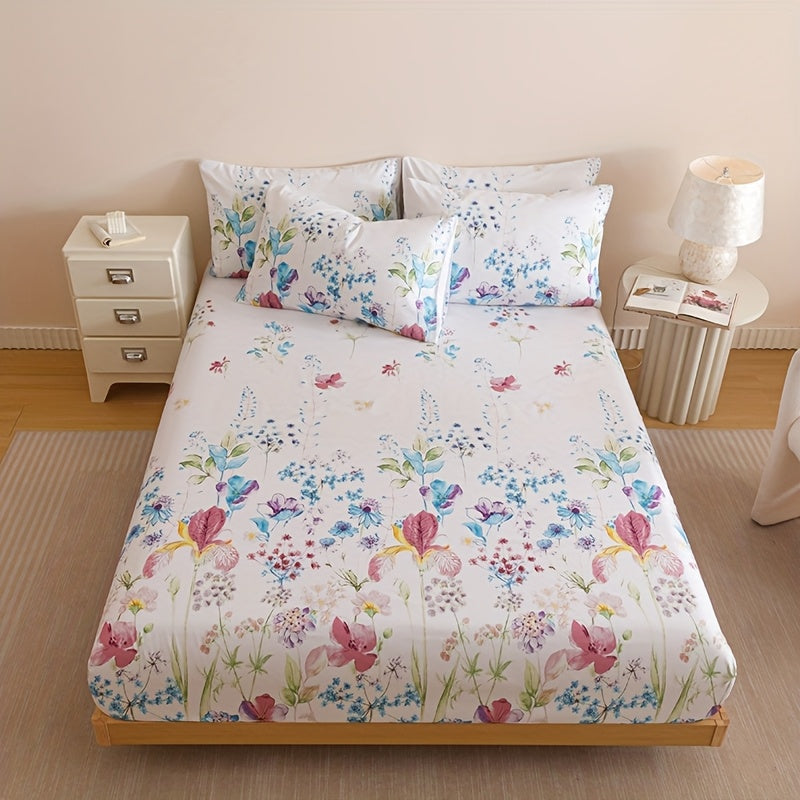 Floral Sheet Set 4 Piece – Fresh Natural Flower Plant Print Fitted Sheet Flat Sheet 2 Pillowcases, Soft Breathable All-Season Bedding for Bedroom & Dorm