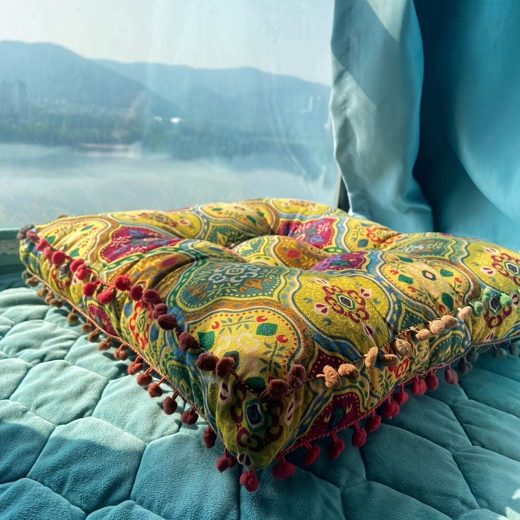 Moroccan Boho Meditation Floor Cushion Pad Thick Soft 100 Percent Linen Cover Bohemian Style for Living Room Bedroom Dining Room Office