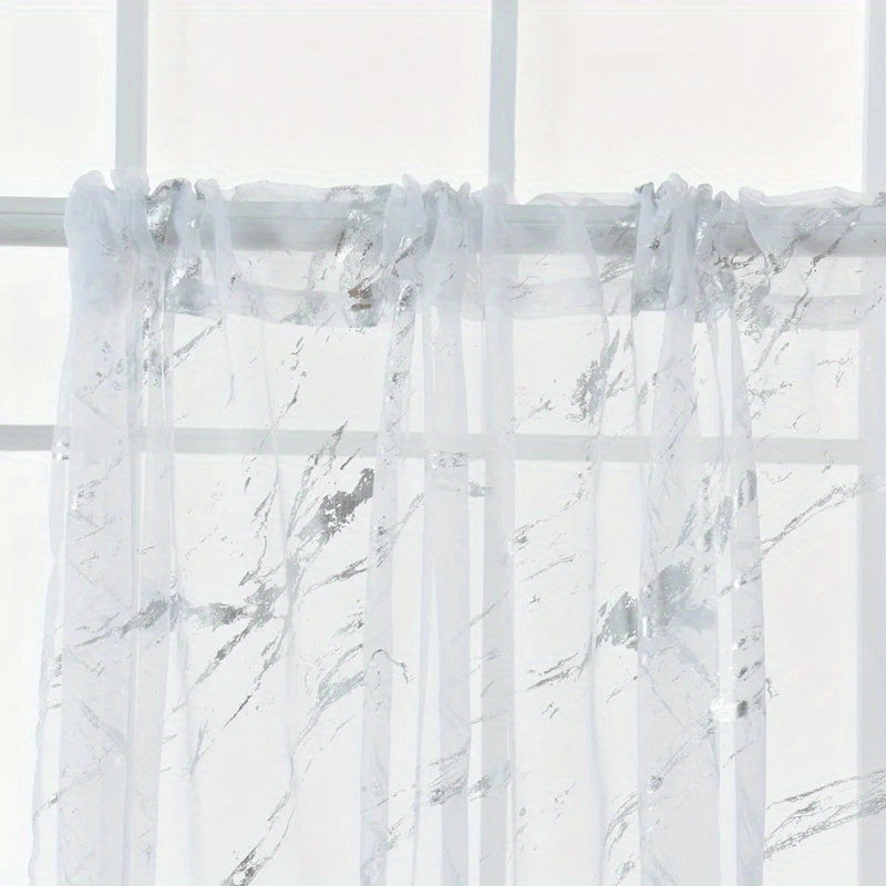 Marble Pattern Sheer Curtains Set of 2, Gold Silver Metallic Foil Semi-Sheer Rod Pocket Panels for Living Room Bedroom, 4 Sizes Available