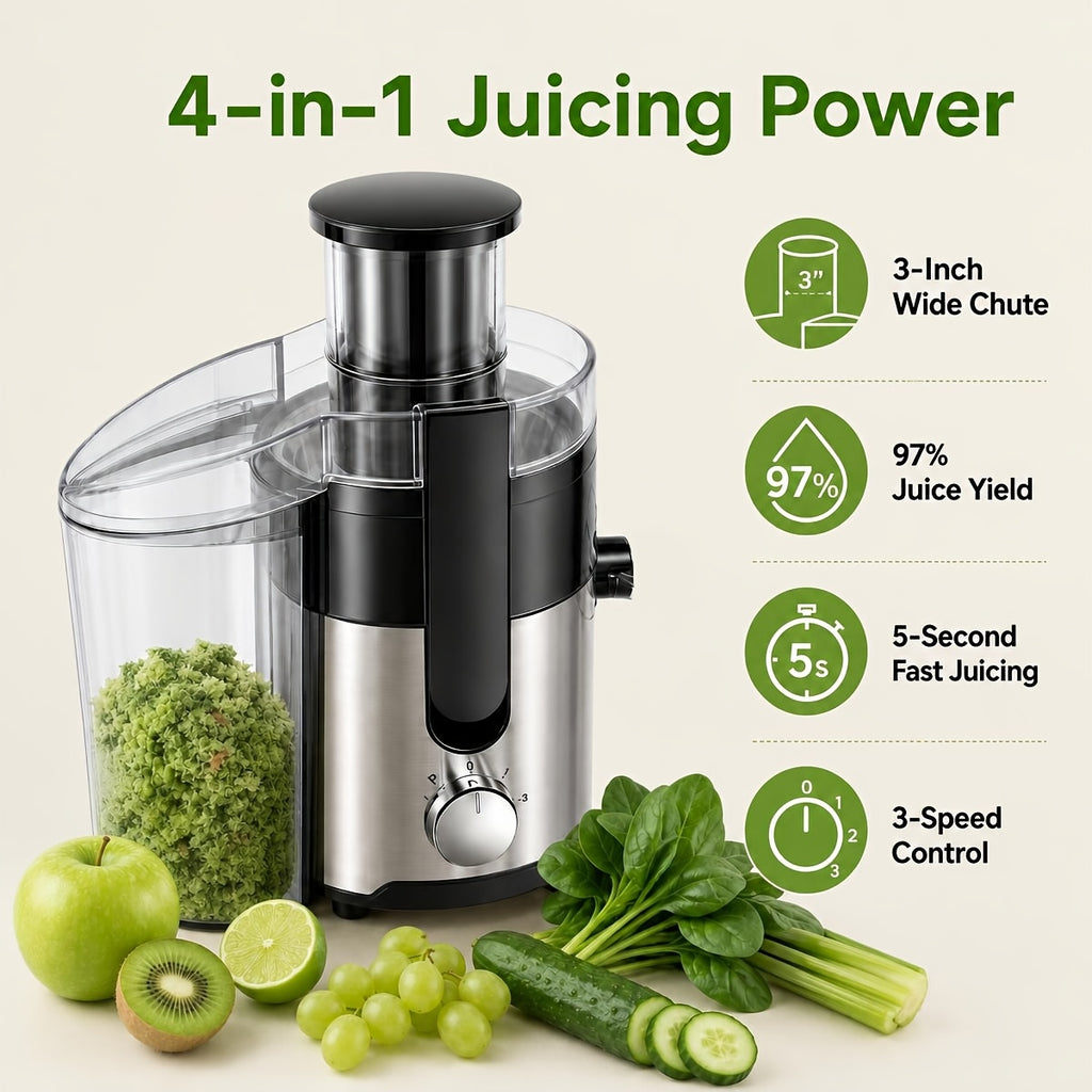 Centrifugal Juicer Juice Extractor with Pulp Separation, 3-Inch Wide-Mouth Feed Chute, 3-Speed Settings, Detachable Easy-Clean Parts, High Juice Yield – Ideal for Fruits & Vegetables, Family Juicing