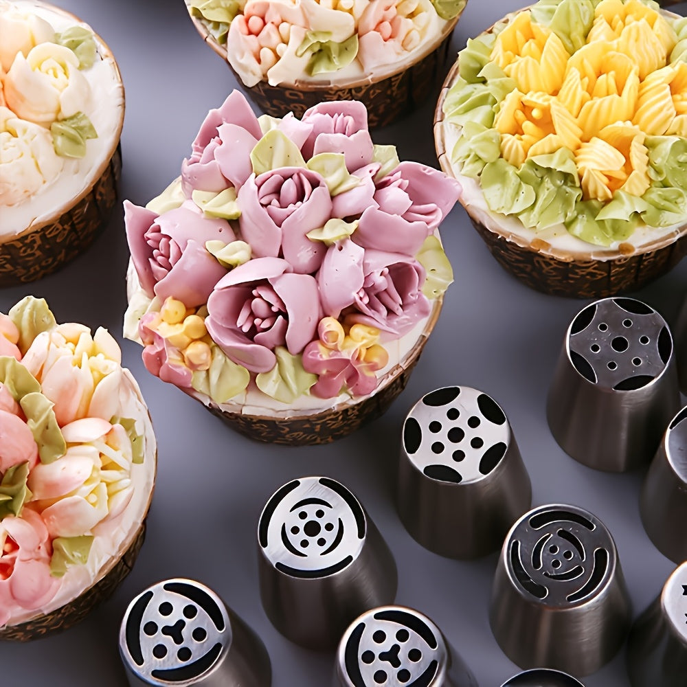 Russian Piping Tips Set 121PCS with 12 Flower Nozzles, Leaf Tips, Couplers & 100 Piping Bags – Complete Cake Decorating Kit for Cupcakes, Cookies & Holiday Baking, Beginner-Friendly Metal Icing Tips