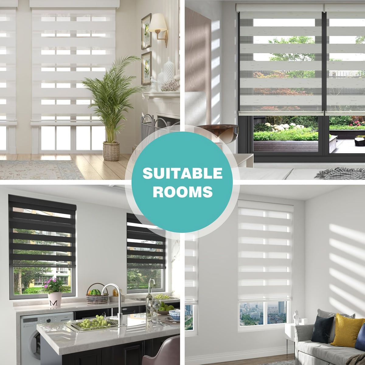 Cordless Zebra Blinds for Windows - Dual Layer Light Filtering & Blackout Roller Shades, Easy Install Custom Width 20"-64" x 72"H, Modern Window Treatment for Bedroom Living Room, 4 Colors