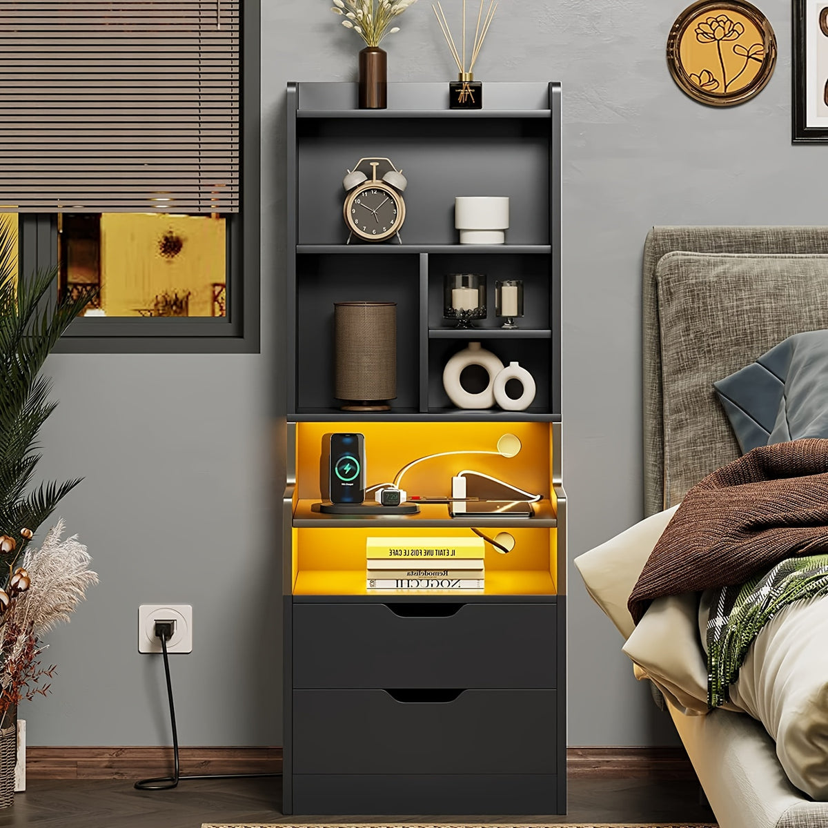Tall Nightstand with LED Lights & Charging Station | 2 Drawers, Bookshelf & Storage Shelves, 50" Bedside End Table – Gray & Black
