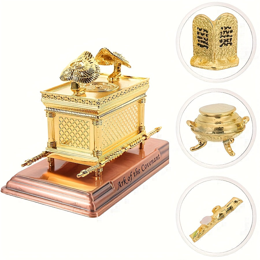 Metal Ark of the Covenant Statue Decoration Set with Aaron's Staff, Manna Bowl & Ten Commandments Plate – Biblical Figurine Gift for Hanukkah, Christmas, Birthday & Anniversary