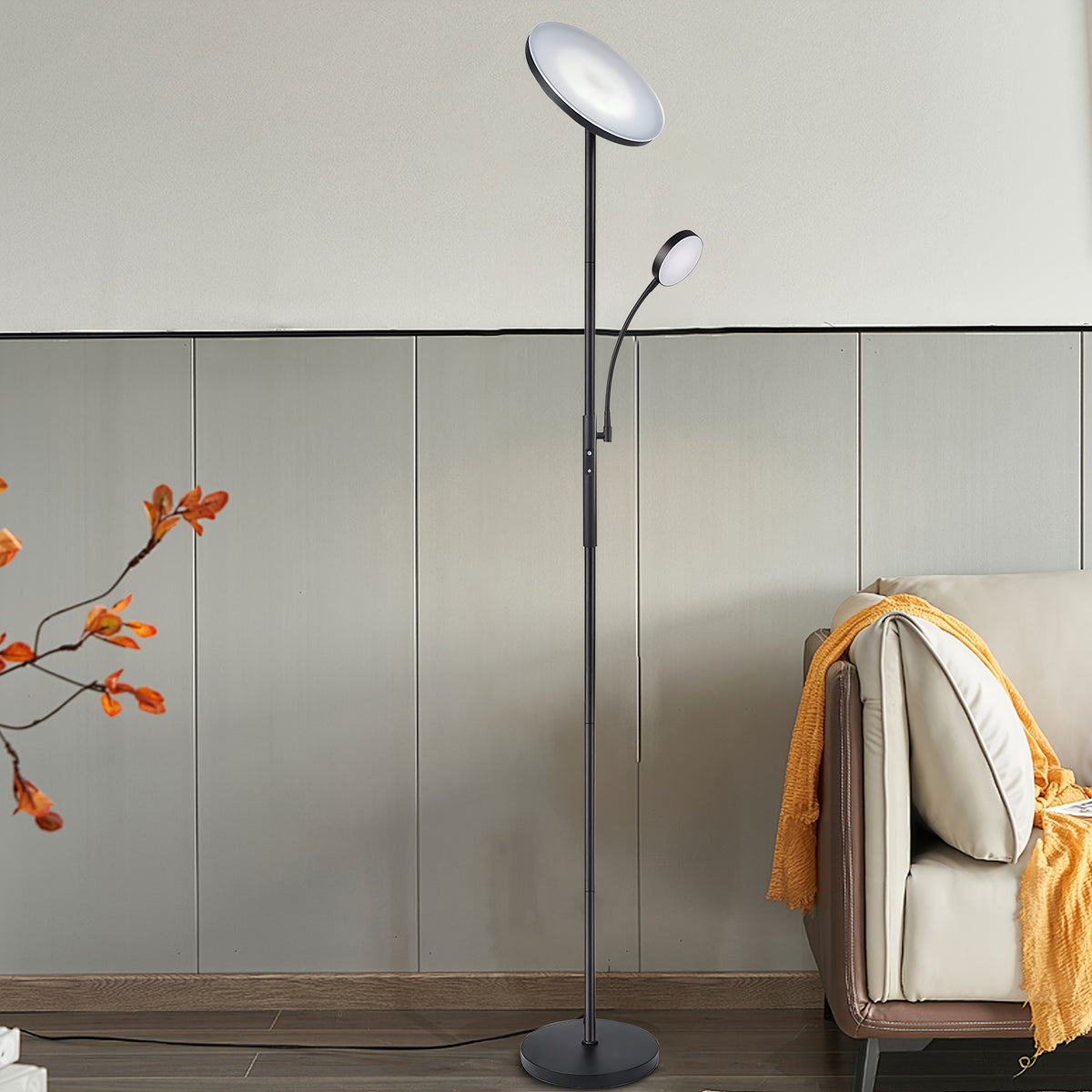 LED Torchiere Floor Lamp 27W+7W Dual Light with Reading Arm, 4 Color Temperatures, Dimmable, Remote & Touch Control – Home & Office Standing Lamp | Nuvia Haven