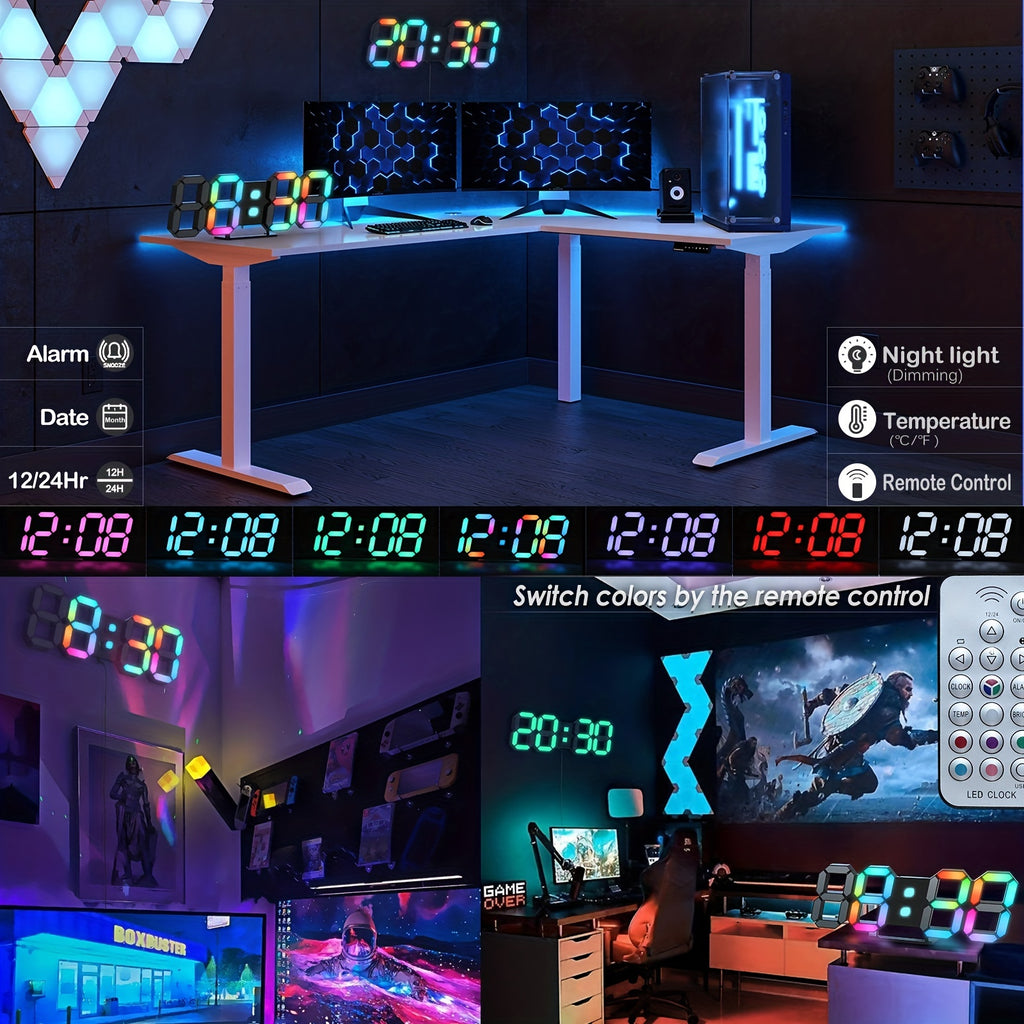 RGB Neon LED Digital Wall Clock 9.7" Large Display with Remote Control – 3D Aesthetic Alarm Clock, Adjustable Brightness, Date & Temperature Display for Bedroom, Living Room, Office, Gym