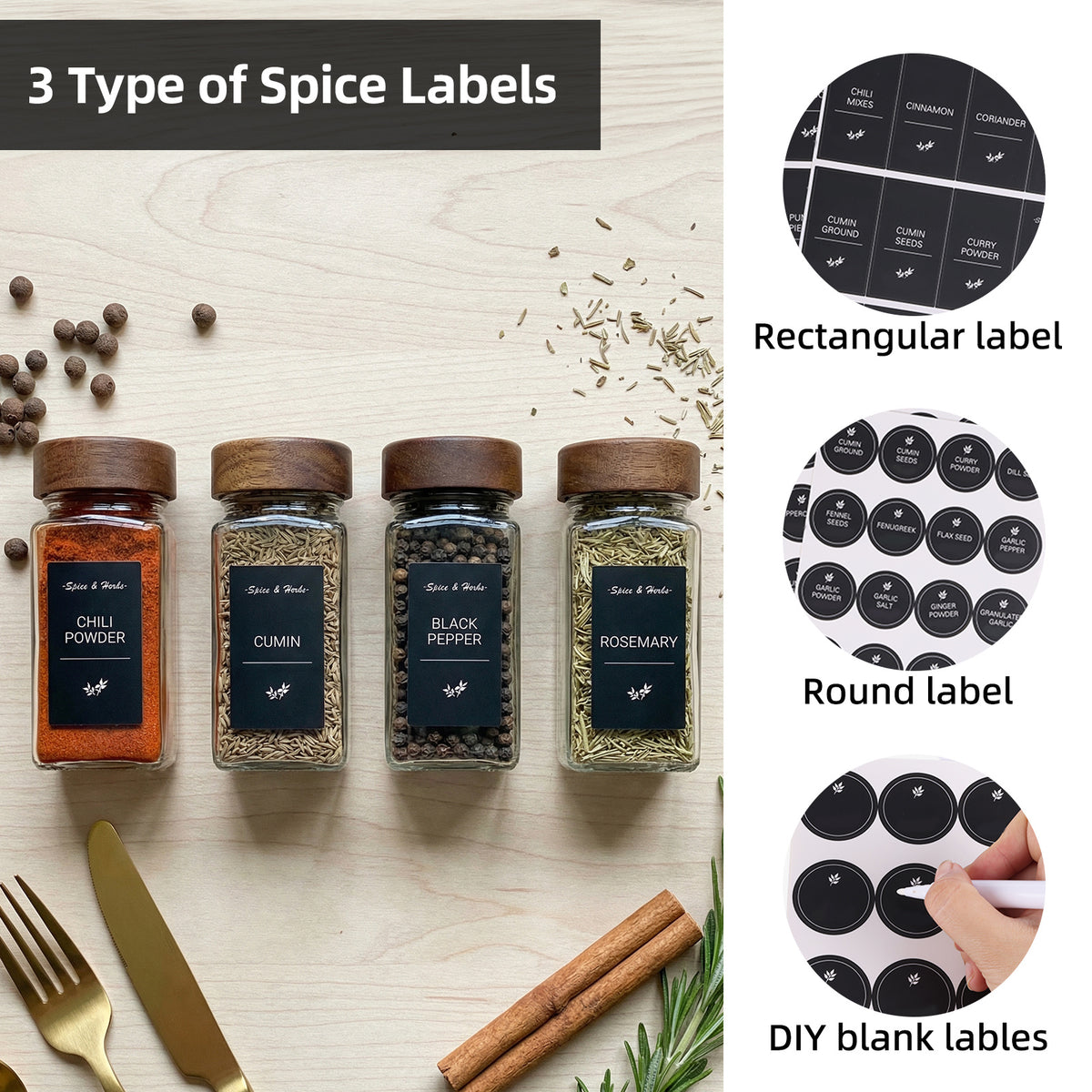 Glass Spice Jars Set with Acacia Wood Lids - 4oz Square Spice Bottles with Shaker Lids, Labels & Grinders for Kitchen Spice Storage and Organization