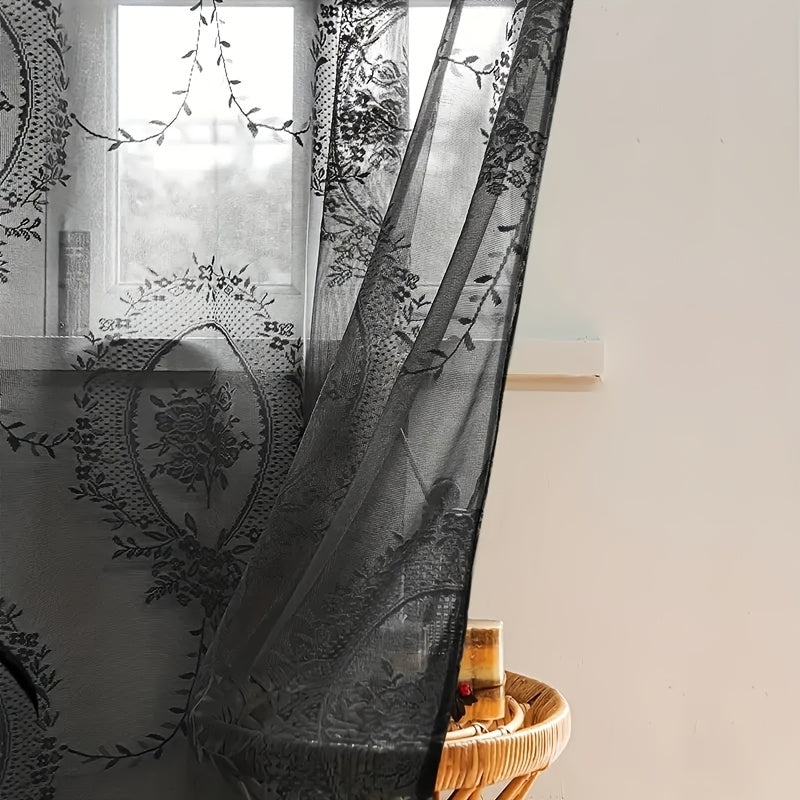 Lace Embroidery Sheer Curtain Rod Pocket Floral for Bedroom, Living Room & Wedding – Machine Washable Unlined Polyester, Glam Decor, 4 Sizes