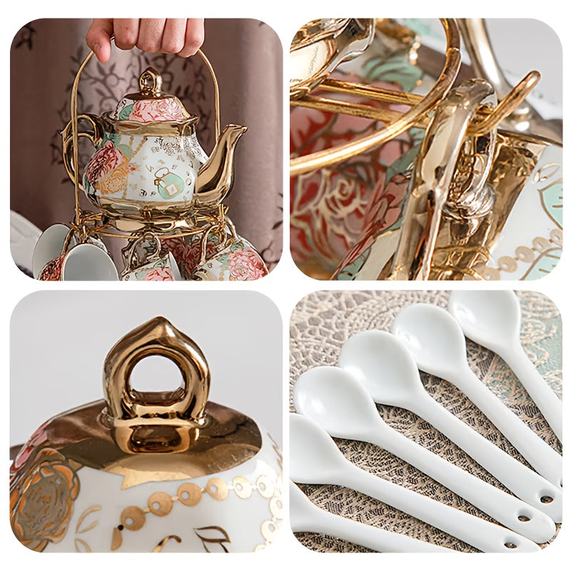 20 Piece Ceramic Tea Set Floral Design – European Afternoon Tea Service with Teapot, Cups, Saucers & Metal Stand – Blooming Style, Gift for Tea Lovers