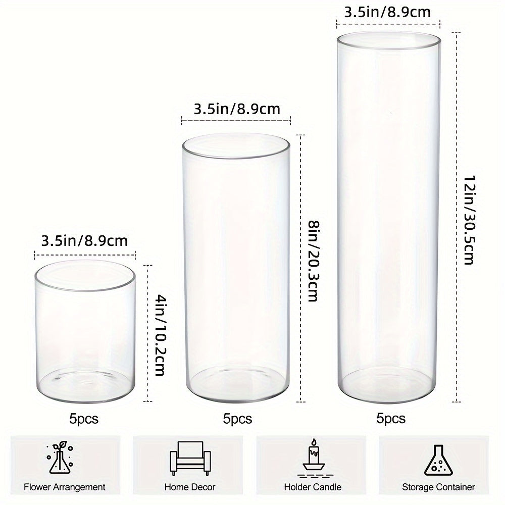 Glass Cylinder Vases Bulk Set 15/18/24/48pcs - 3 Sizes (4"/8"/12") Clear Candle Holders, Tall Flower Vases for Wedding Centerpieces, Party & Halloween Decorations, Home Decor