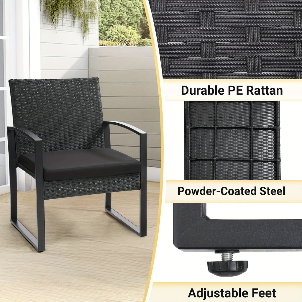 Rattan Bistro Set 3 Piece Outdoor Patio Furniture with 2 Chairs & Glass Top Table, Plush Cushions Conversation Set for Backyard, Balcony and Garden, Black Rattan Frame
