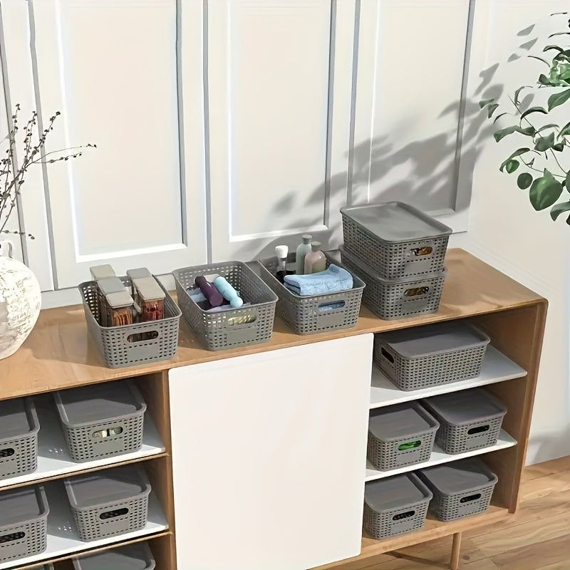 Plastic Storage Basket Set of 8 with Lids - Desktop & Shelf Organization Bins for Documents, Office, Home & Bedroom Storage, Multi-Functional Stackable Baskets - Grey, Black & White