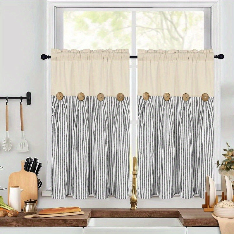 Striped Patchwork Semi-Sheer Rod Pocket Curtains – Bohemian Tiered Window Panels for Bedroom, Living Room, Kitchen, Bathroom & Cafe | 1 or 2 Pcs