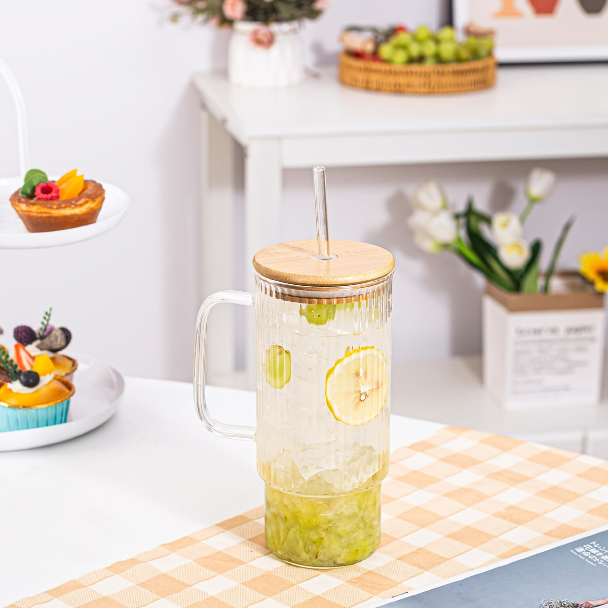 32oz Ribbed Glass Cup with Handle, Bamboo Lid & Straw – Large Clear Glass Tumbler for Iced Coffee, Hot & Cold Drinks – Aesthetic Glassware for Home & Office