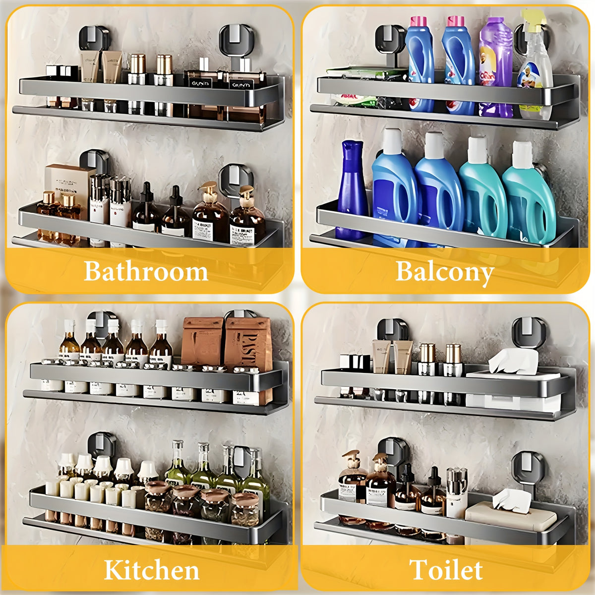 Suction Cup Shower Caddy Space Aluminum – Wall-Mounted Bathroom Shelf Organizer with Towel Holder, Rustproof Floating Shelf for Shampoo & Soap