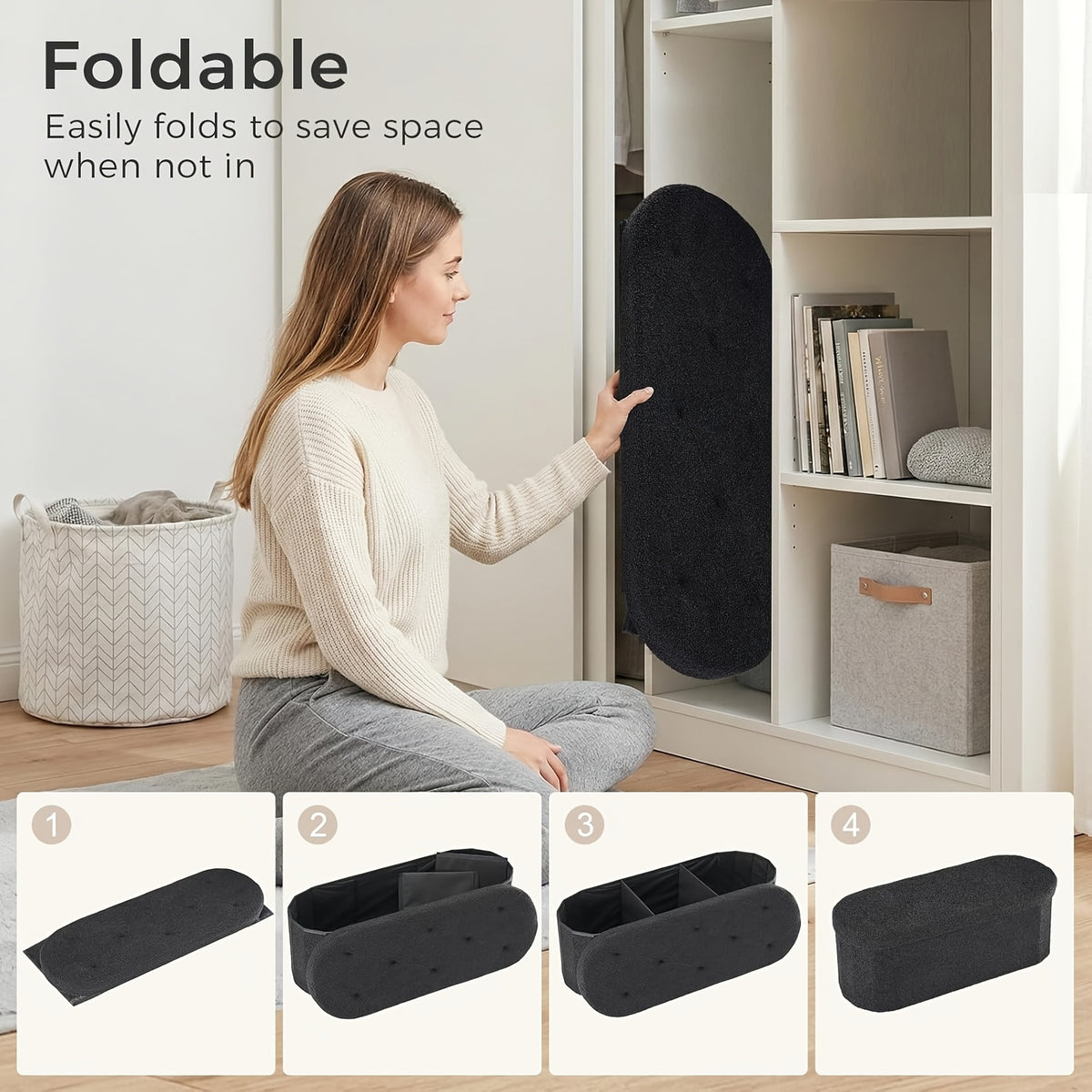Folding Storage Ottoman Bench – Oval Round Cushioned Foot Stool with Storage Chest, 250 lb Capacity, 30" & 43", Black & White