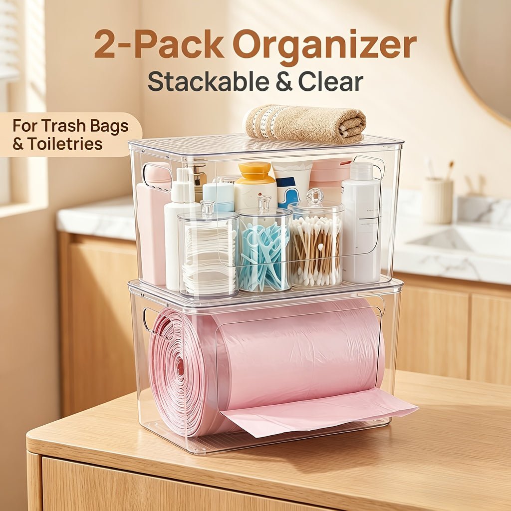 Clear Trash Bag Holder 2-Pack - Stackable Garbage Bag Dispenser for 13/30/33 Gallon Bags, PET Organizer for Under Kitchen Sink, Laundry Room, Pantry & Cabinet Storage
