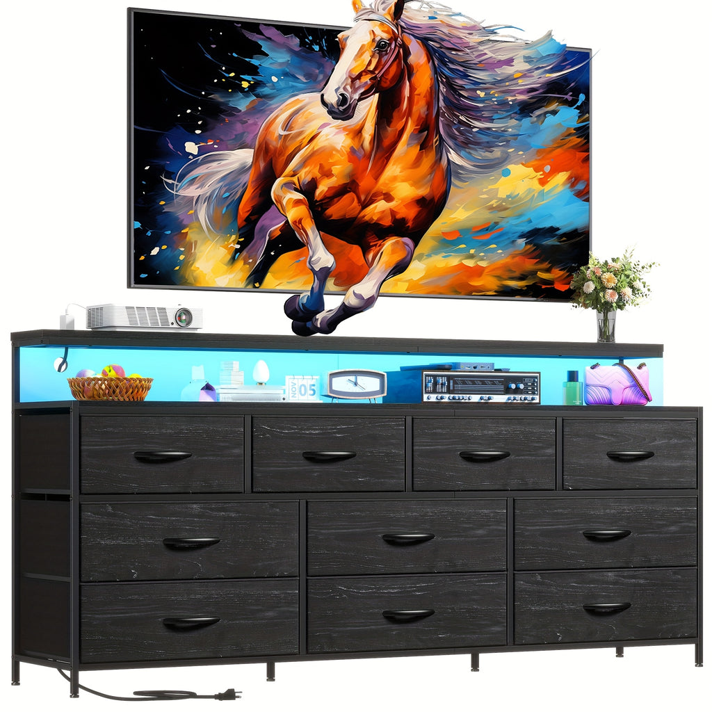 55" Wide Dresser for Bedroom with 10 Drawers, LED Lights & Power Outlets – Long Storage Chest, TV Stand up to 65", Metal Frame + Wood Top, Built-in Charging Station, Tiger Print / Black Wood Grain