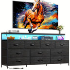 55" Wide Dresser for Bedroom with 10 Drawers, LED Lights & Power Outlets – Long Storage Chest, TV Stand up to 65", Metal Frame + Wood Top, Built-in Charging Station, Tiger Print / Black Wood Grain