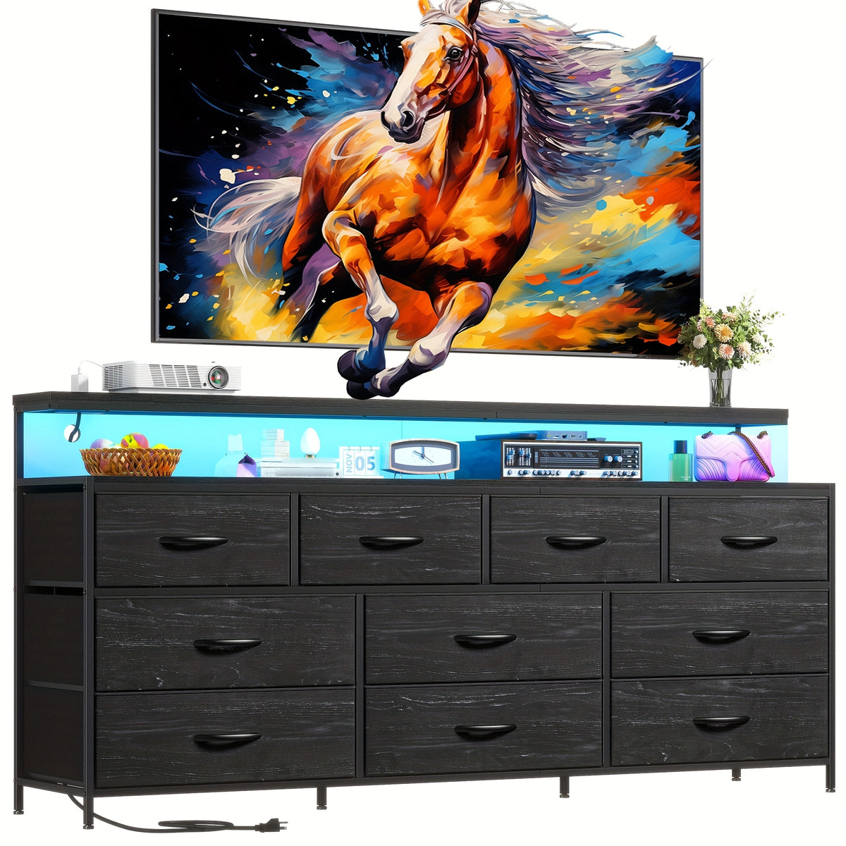 55" Wide Dresser for Bedroom with 10 Drawers, LED Lights & Power Outlets – Long Storage Chest, TV Stand up to 65", Metal Frame + Wood Top, Built-in Charging Station, Tiger Print / Black Wood Grain