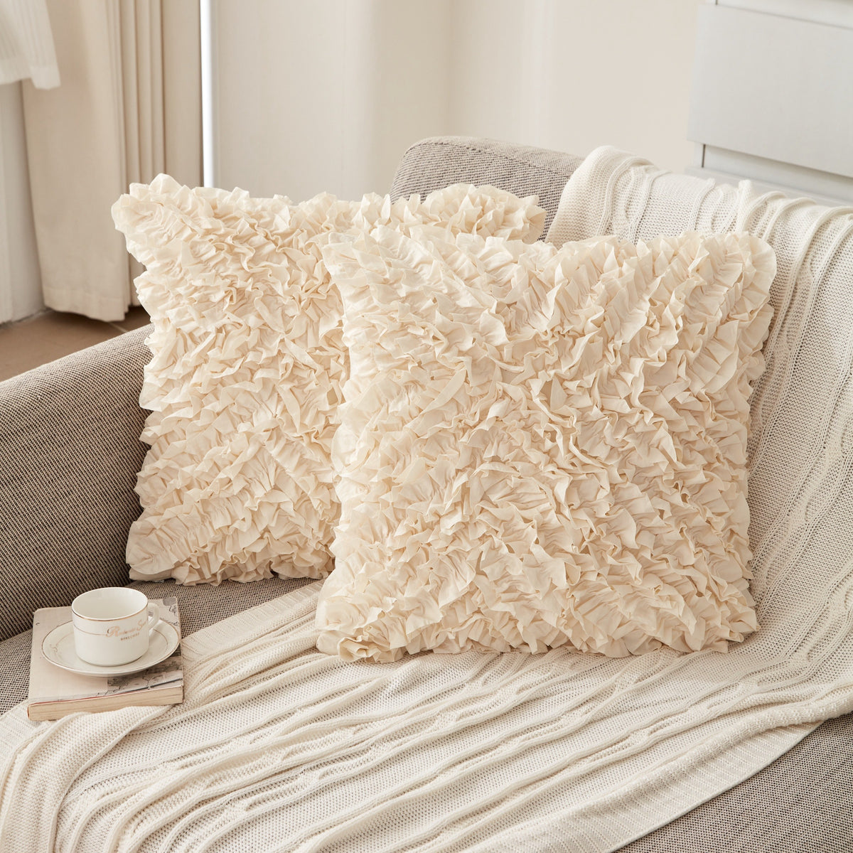 3D Ruffle Farmhouse Throw Pillow Covers Set of 2 – Handcrafted Cushion Pillowcase with Zipper, Soft Polyester, Multiple Colors & Sizes for Sofa Bed Couch Home Decor
