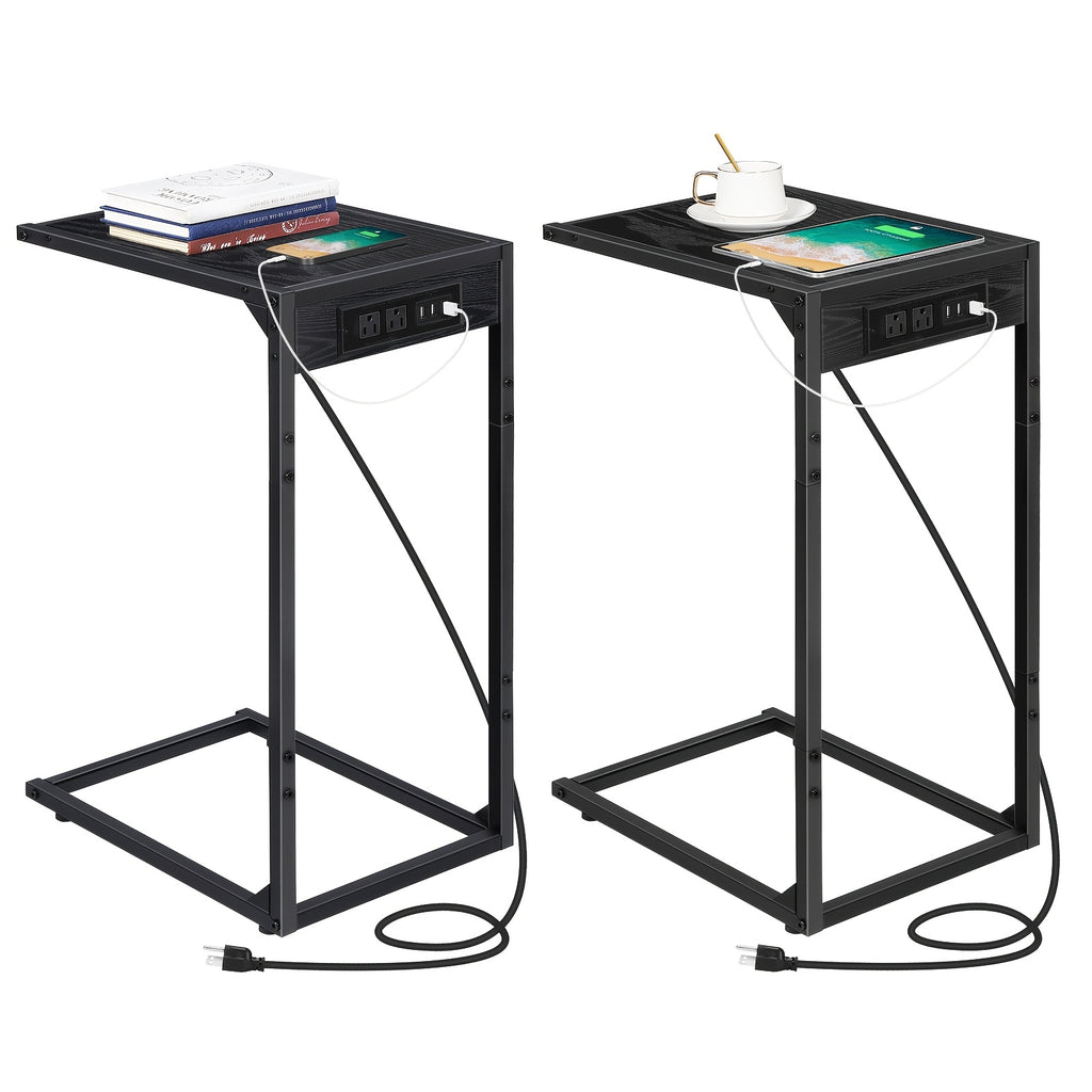 C-Shaped End Table with Charging Station – Sofa Side Table, 50LBS Capacity, Slides Under Sofa, Snack & Laptop Table for Living Room Bedroom (1pc/2pcs, w/wo Storage Bag)