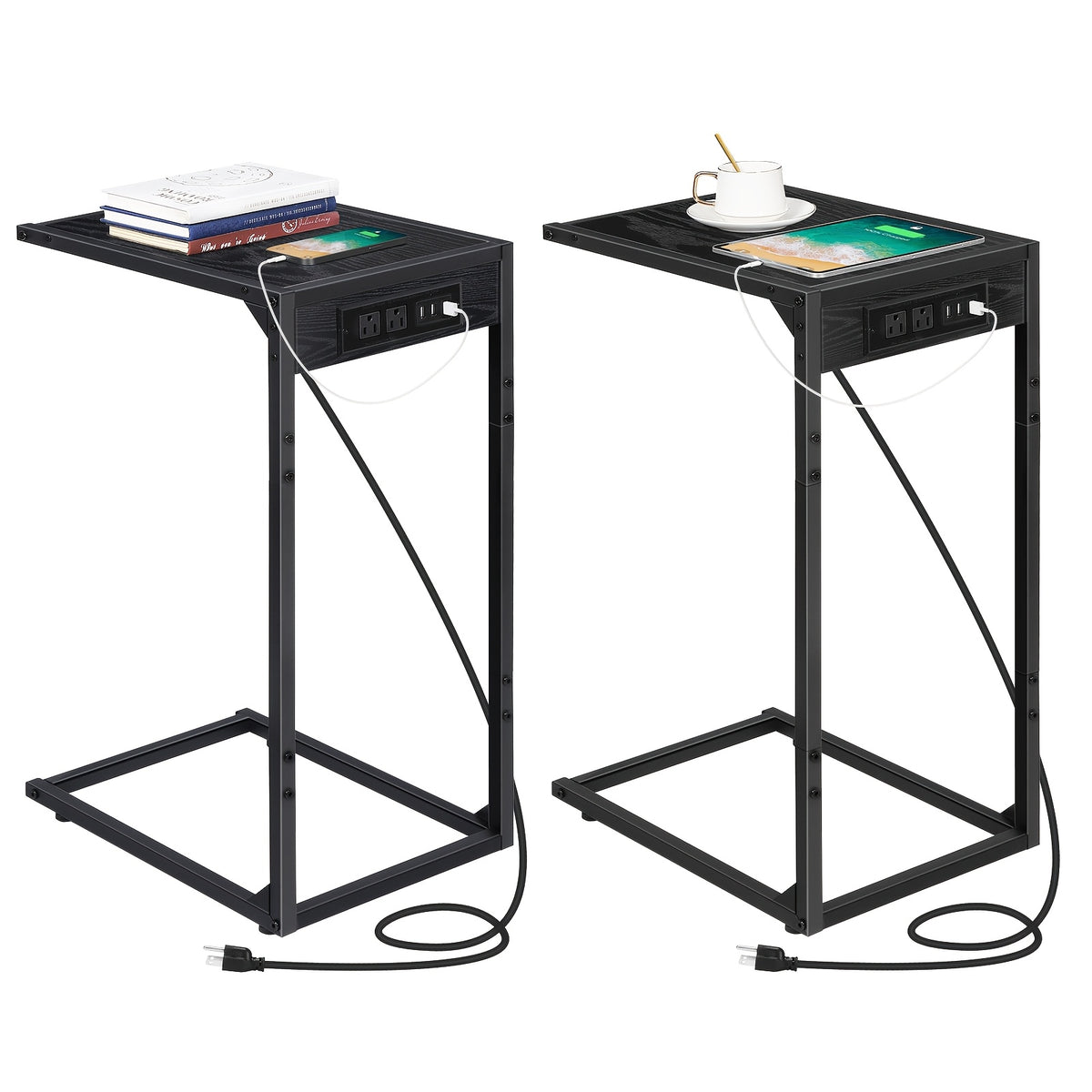 C-Shaped End Table with Charging Station – Sofa Side Table, 50LBS Capacity, Slides Under Sofa, Snack & Laptop Table for Living Room Bedroom (1pc/2pcs, w/wo Storage Bag)