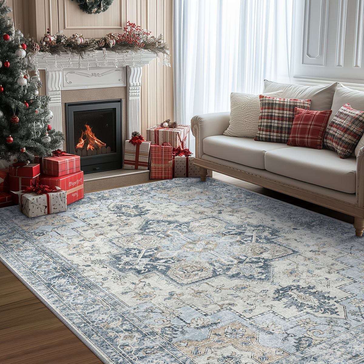 Vintage Retro Area Rug – Machine Washable Non-Slip Low Pile Chenille Print Carpet for Living Room, Bedroom, Dining Room & Home Office, Blue, Multiple Sizes
