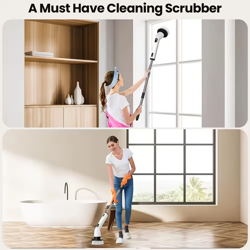 9-in-1 USB Rechargeable Electric Rotating Cleaning Brush – 8 Brush Heads + Gap Brush, 2-Hour Runtime, Telescopic Handle for Bathtub, Tile, Floor & Car