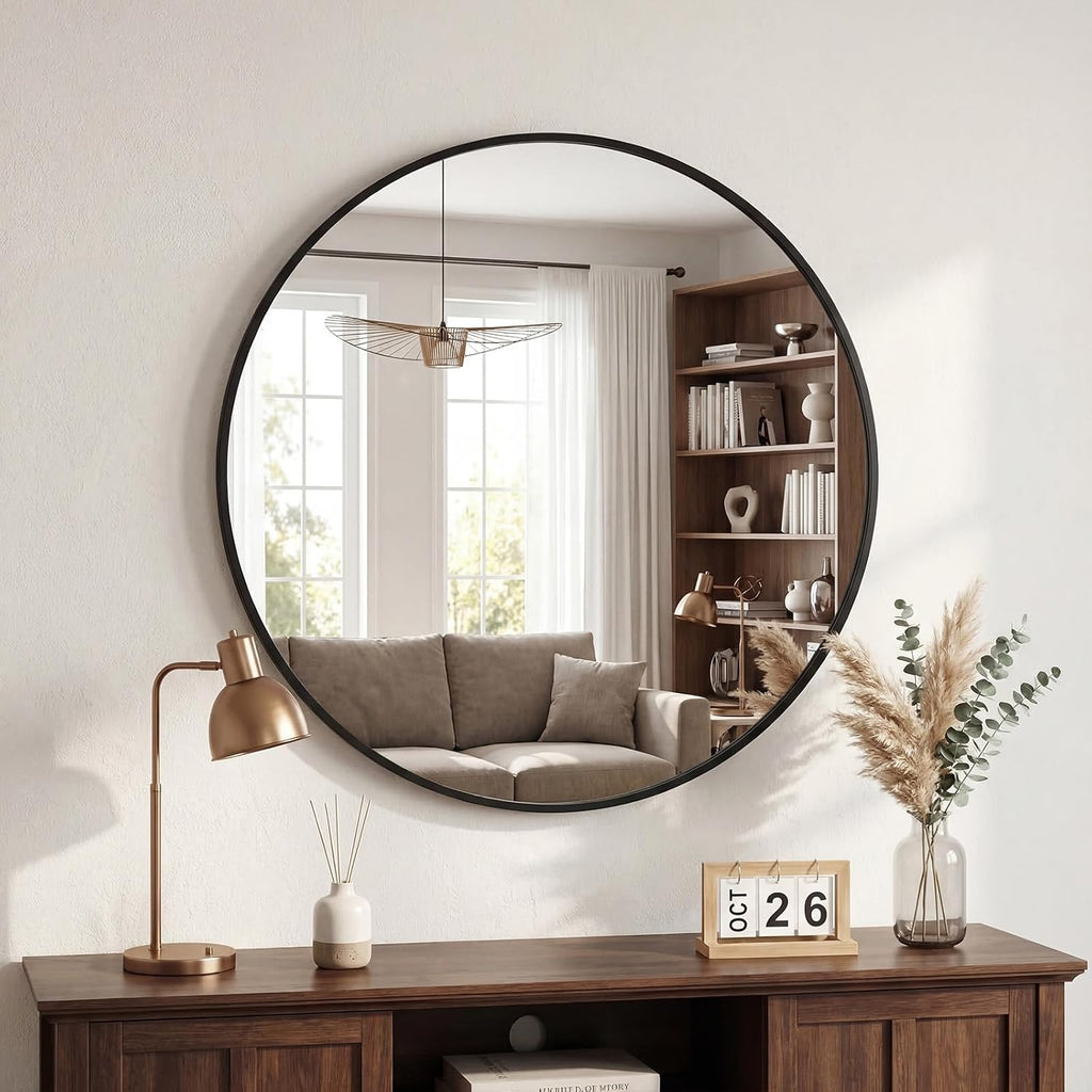 Round Wall Mirror 20 24 28 30 Inch – Circle Vanity Mirror for Bathroom, Bedroom & Living Room | Anti-Rust Modern Decor | Black & Gold