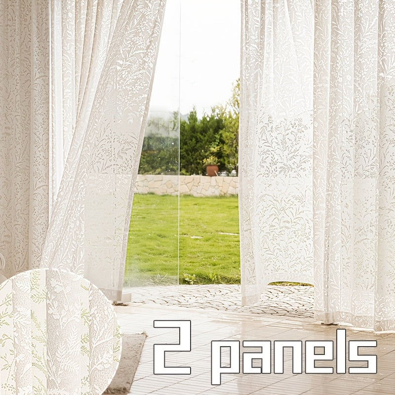 French Tulle Sheer Curtains 2 Panels Cream Hollow Princess Style – Romantic Translucent Rod Pocket Drapes for Living Room Bedroom Balcony Wedding, 5 Sizes