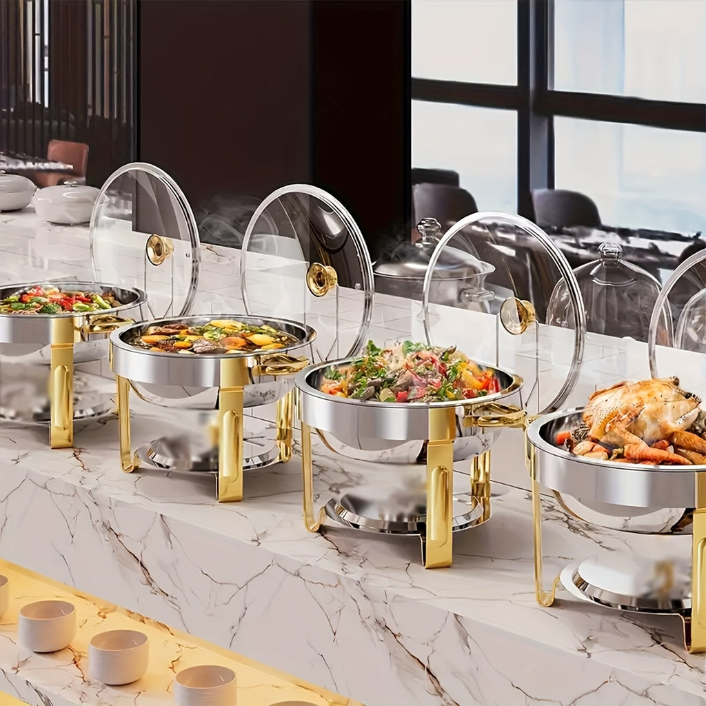 Stainless Steel Buffet Hot Pot Food Warmer Set with Glass Lid & Lid Rack, 5QT Round Chafing Dish for Party Catering Wedding – 1, 2 or 4 Pcs