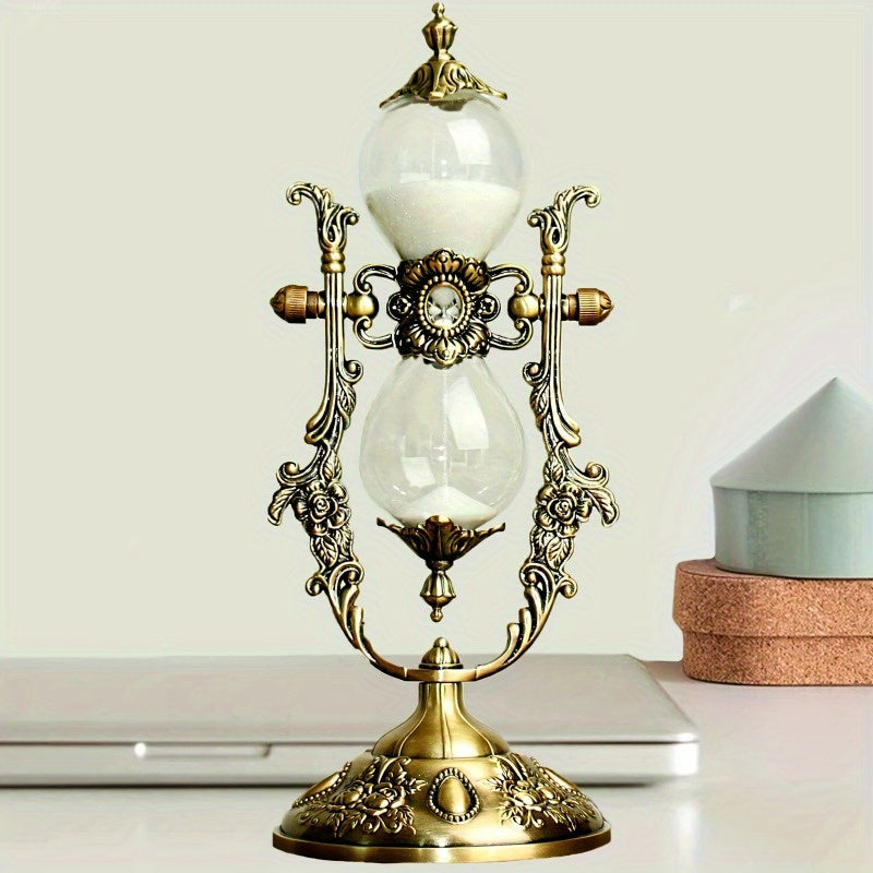 Vintage Brass Hourglass Sand Timer 15 Minute 360 Degree Rotating Engraved Metal Sand Clock for Home Office Desk Decoration Unique Gift