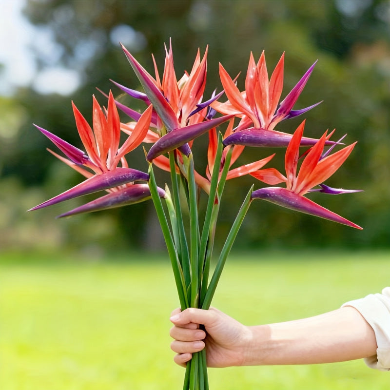 Artificial Bird of Paradise Flowers – 5-Stem Faux Strelitzia Bouquet with Orange & Purple Petals, Lifelike Plastic Stems for Home, Office & Wedding Table Centerpieces