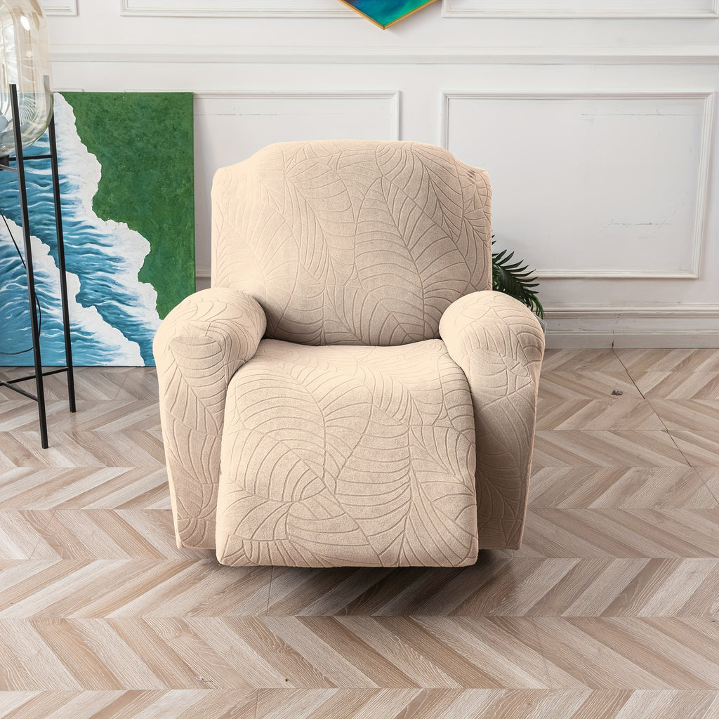 Jacquard Leaf Recliner Chair Cover 4-Piece Stretch Slipcover with Storage Pocket | Furniture Protector for Living Room Recliner, 6 Colors — Dark Gray Beige Wine Red Light Grey Chocolate Light Blue