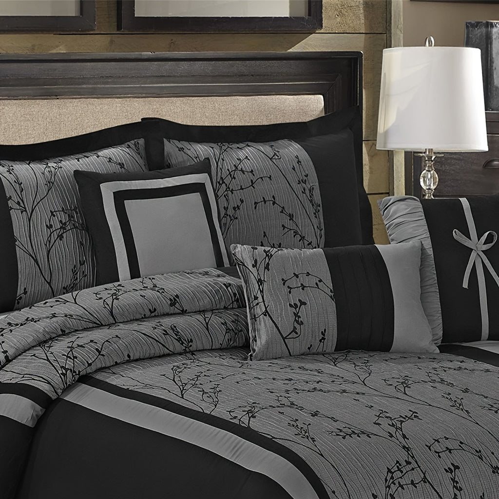 Jacquard Comforter Set 7 Piece Queen King - Luxury Patchwork Branch Microfiber Bedding, All-Season Soft Warm Bed Set, Hypoallergenic, No Fade
