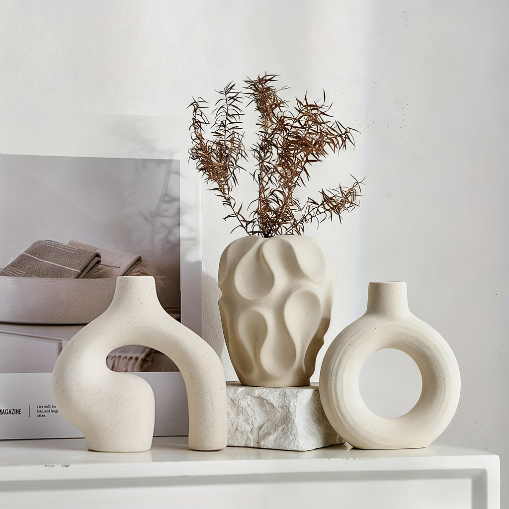 3-Piece Ceramic Vase Set for Home Decor – Bohemian Farmhouse Style Beige Decorative Vases for Pampas Grass, Living Room, Bedroom, Kitchen, Entryway & Mantel