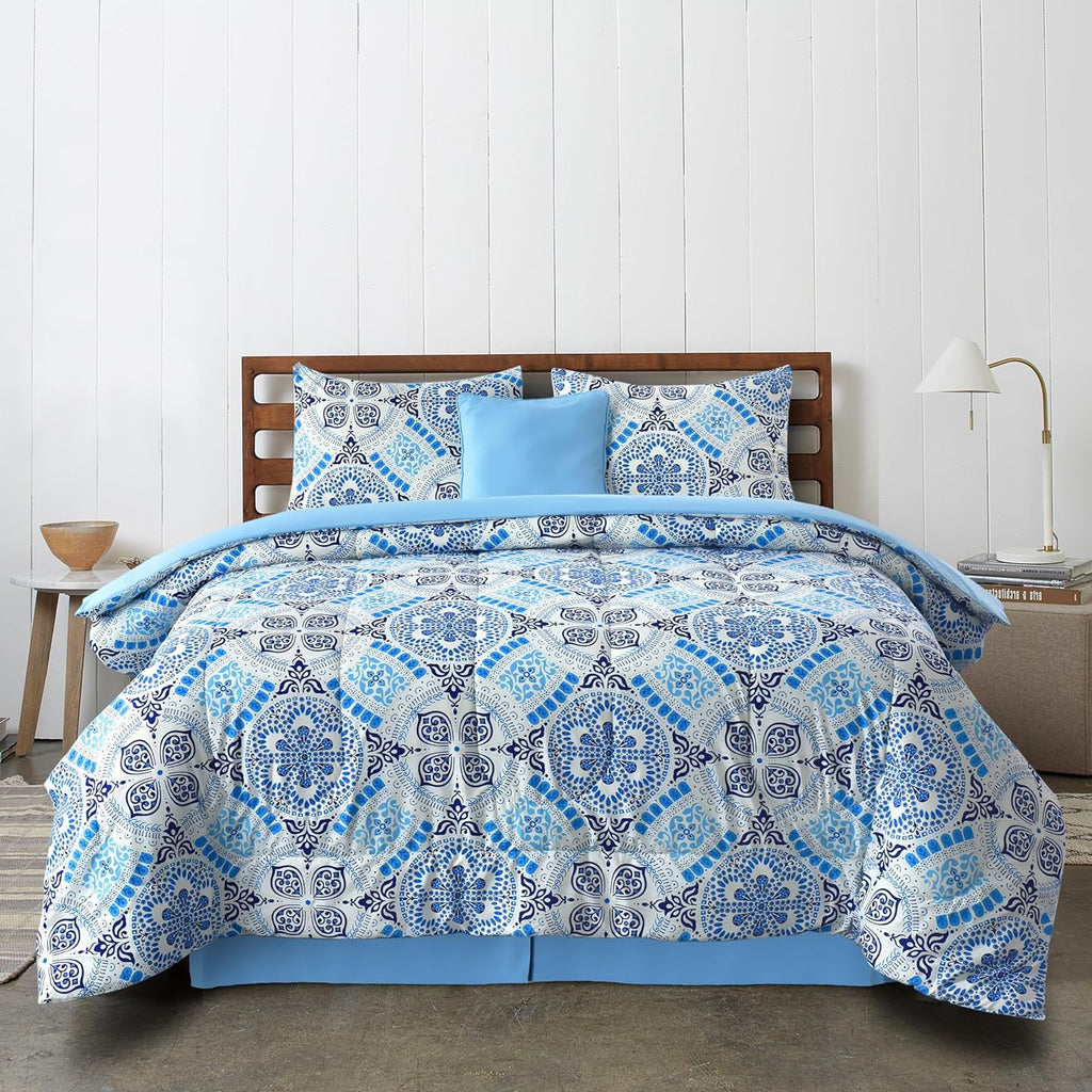 5-Piece Comforter Set – Reversible Quilted Down Alternative Bedding Set with Pillow Shams, Bed Skirt & Cushion | All Season | Twin, Queen, King