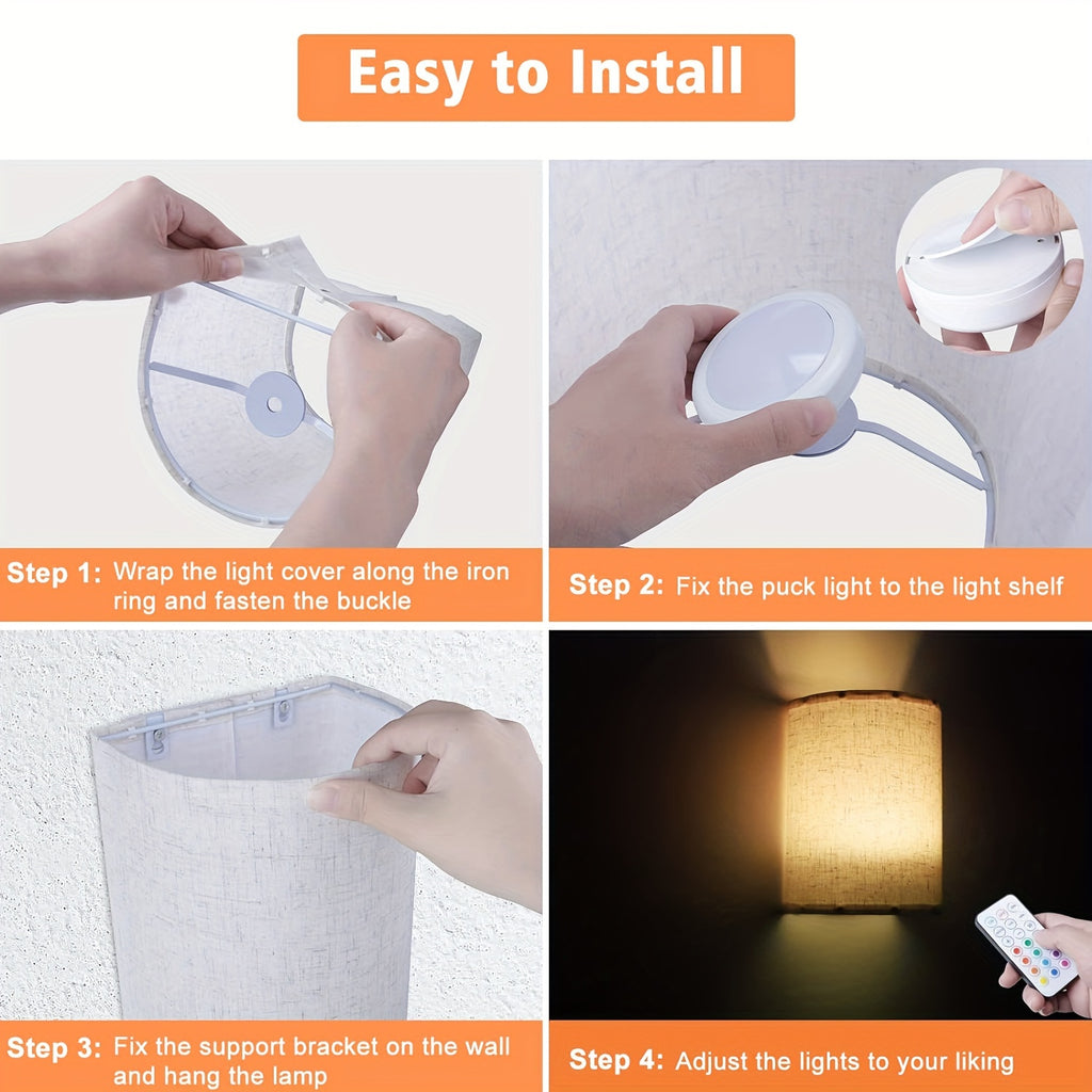 LED Wall Sconce Set of 2 Battery-Powered RGBW Dimmable - Linen Fabric Shade, Remote Control, No Wiring, for Bedroom Living Room Hallway Decor | Nuvia Haven