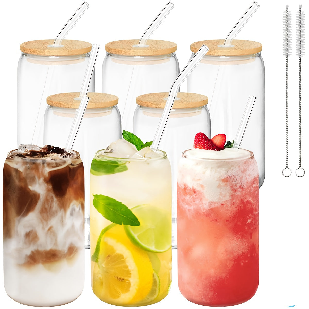 Glass Cup Set with Bamboo Lids & Glass Straws – American Style Drinking Glasses for Coffee, Water & Parties | 4/8/12/16-Piece | 2 Cleaning Brushes Included
