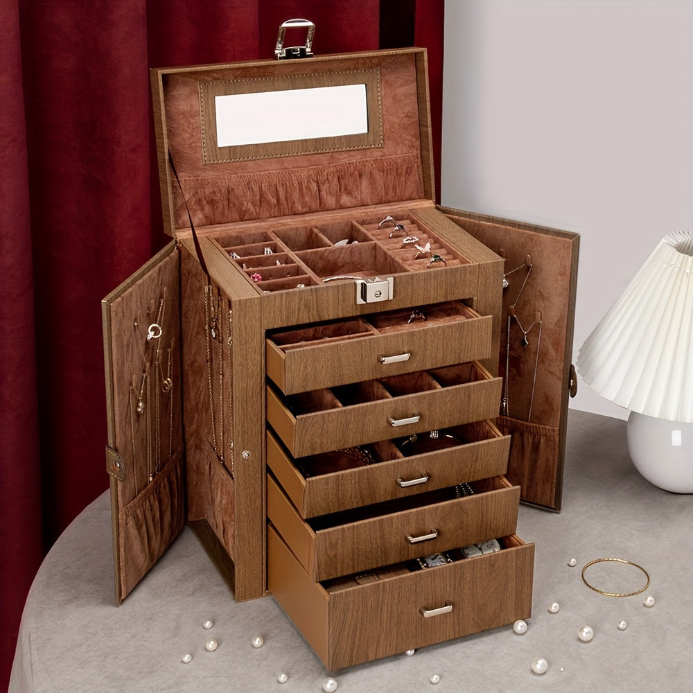 Jewelry Box with Lock & Mirror, Large 6-Tier Jewelry Case with 5 Drawers, Lockable Jewelry Storage Organizer for Women, Girls & Loved Ones — Jewelry Armoire Gift