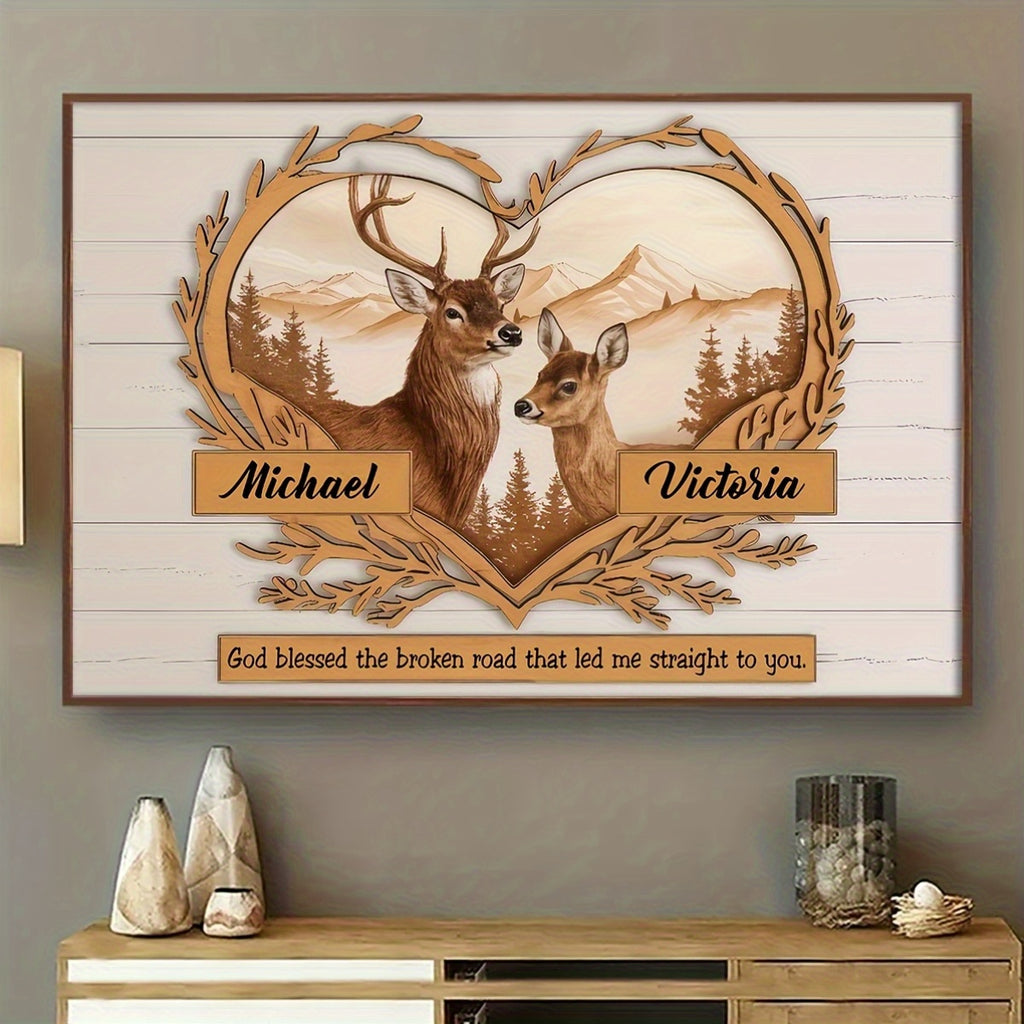 Personalized Couples Canvas Wall Art - Custom Deer & Mountains 2D Flat Print with Two Names, Romantic Gift for Couples, Anniversary Wedding Bedroom Decor