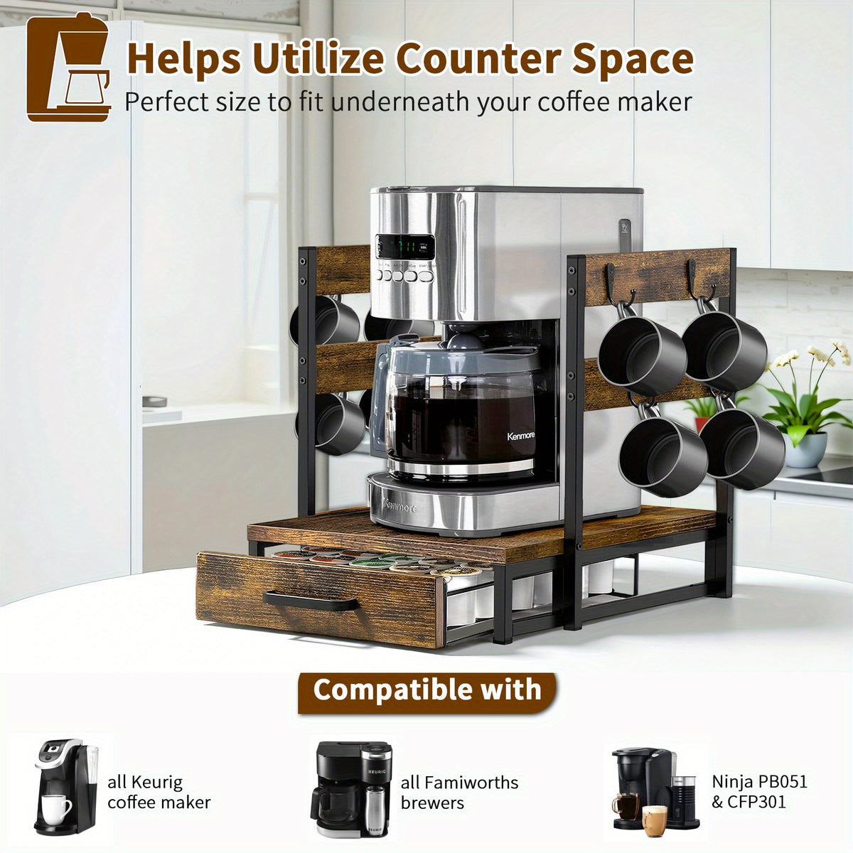 K-Cup Holder Drawer Coffee Pod Organizer for Counter with Mug Rack & Coffee Maker Stand – 35-Pod Capacity Kitchen Countertop Storage for Home & Office