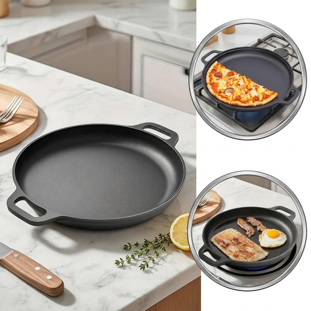 Pre-Seasoned Cast Iron Skillet 14 Inch Dual Loop Handles Nonstick Pizza Pan BBQ Pancake Griddle Oven Stovetop Grill Campfire Safe Even Heating