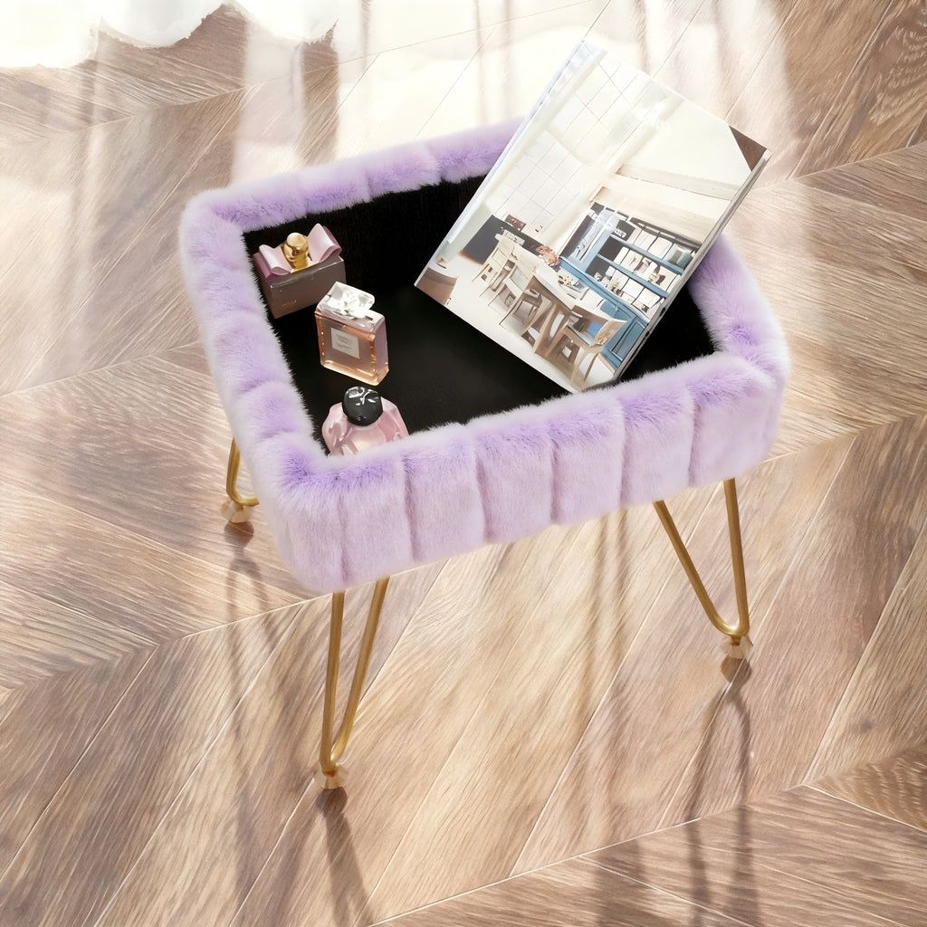 Vanity Chair with Storage PU Leather Makeup Stool Shoe Changing Ottoman Dual Purpose Seat 4 Gold Metal Legs Bedroom Living Room Study Cream White Black Pink Purple