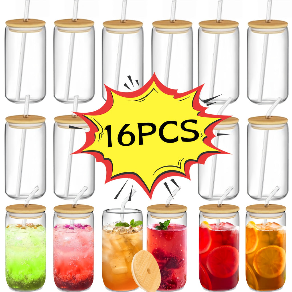 Glass Cup Set with Bamboo Lids & Glass Straws – American Style Drinking Glasses for Coffee, Water & Parties | 4/8/12/16-Piece | 2 Cleaning Brushes Included