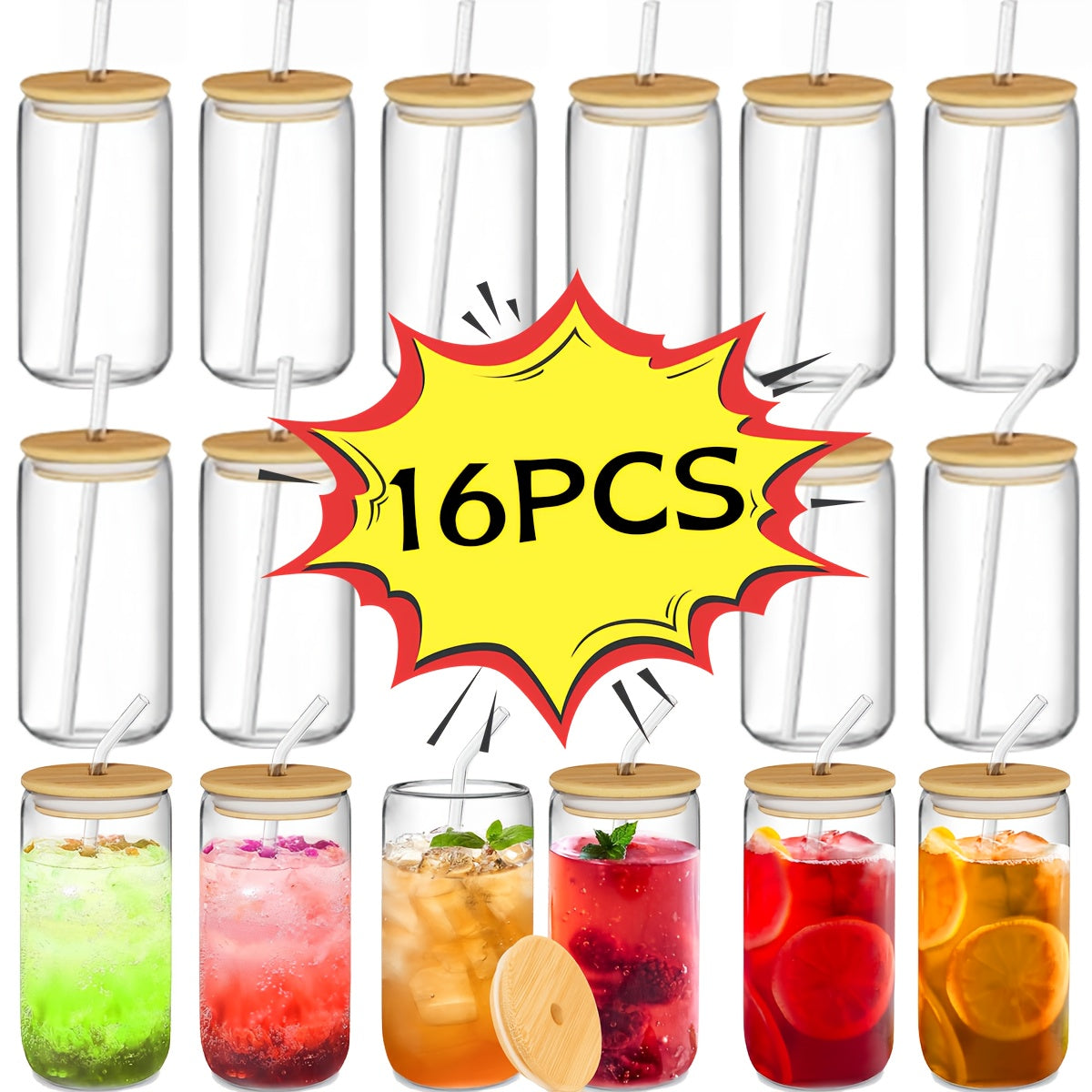 Glass Cup Set with Bamboo Lids & Glass Straws – American Style Drinking Glasses for Coffee, Water & Parties | 4/8/12/16-Piece | 2 Cleaning Brushes Included