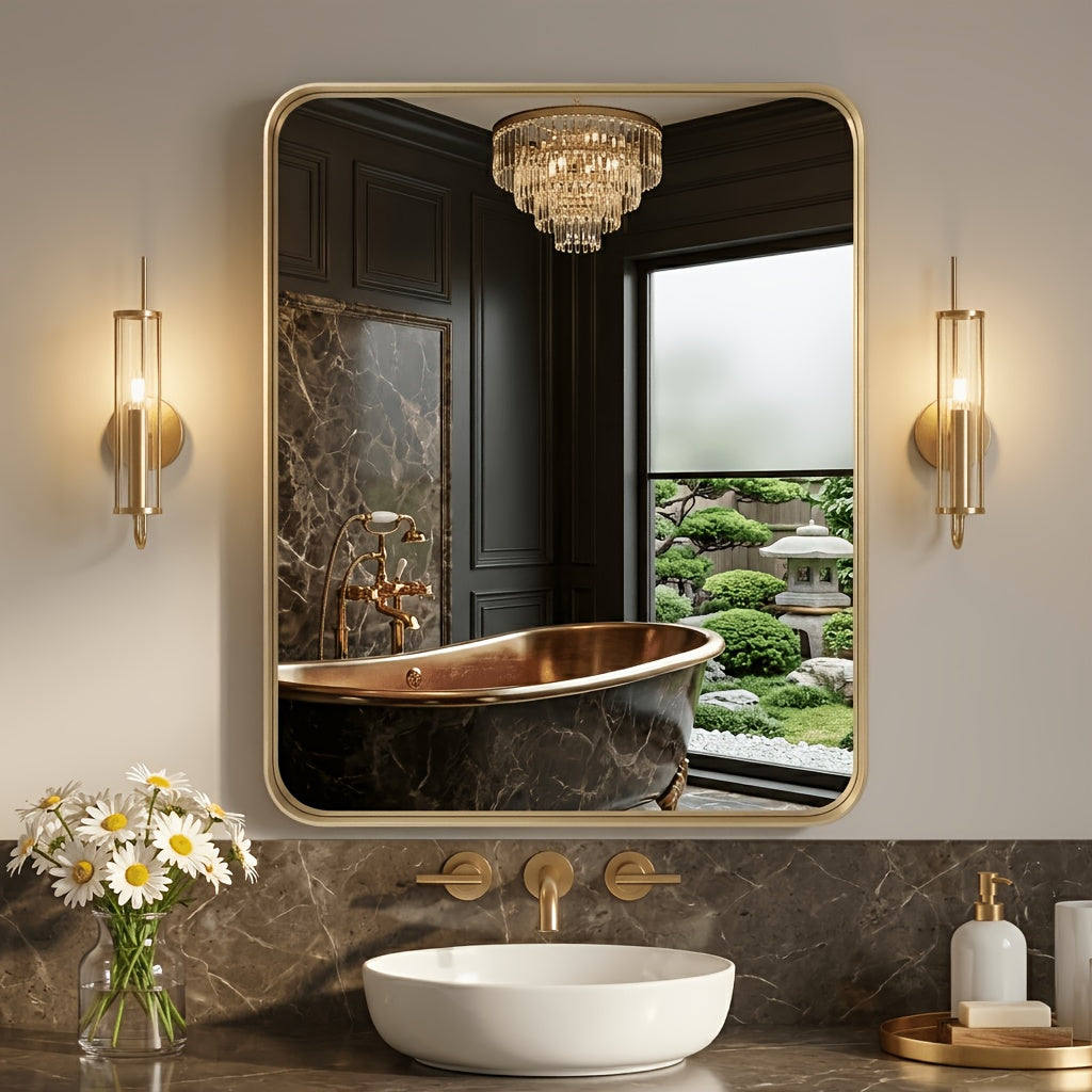 Metal Framed Rounded Rectangle Wall Mirror for Bathroom – Over Sink, Horizontal or Vertical Hanging, Modern Farmhouse Decor, Matte Black, Gold & Silver, Multiple Sizes 16x20 to 36x48 In